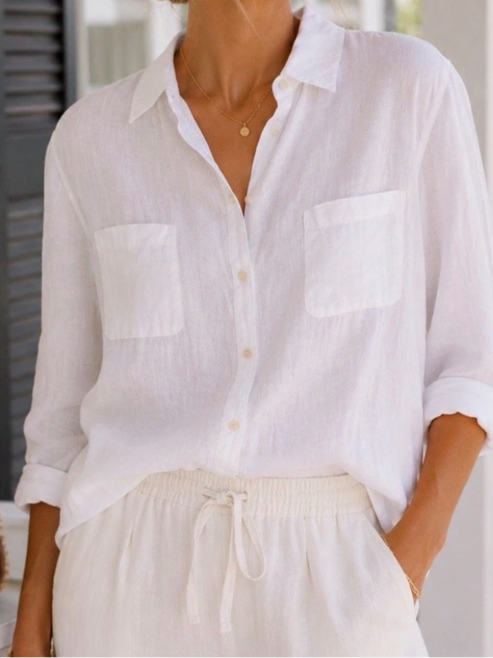 Lilly Pulitzer White Linen Coastal Grandmother Clean Girl Button Down Shirt L